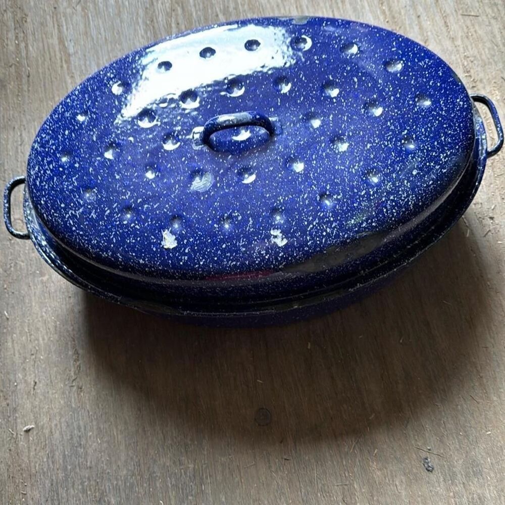 Granite Ware Medium Roasting Pan with Lid 17" X 7" Oval Blue Speckled Domed Lid